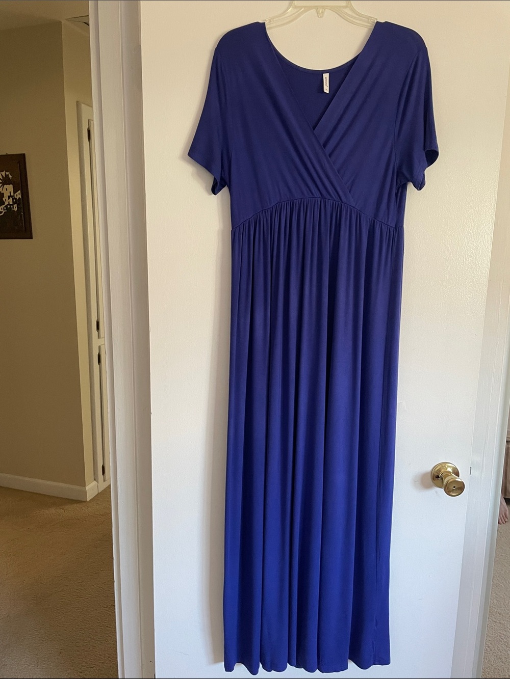 Classic Blue Short-Sleeve Maxi Dress with V-Neck